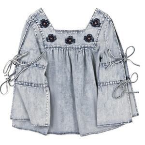 Boho POL Square-Neck Denim Top w/ Sleeve Ties